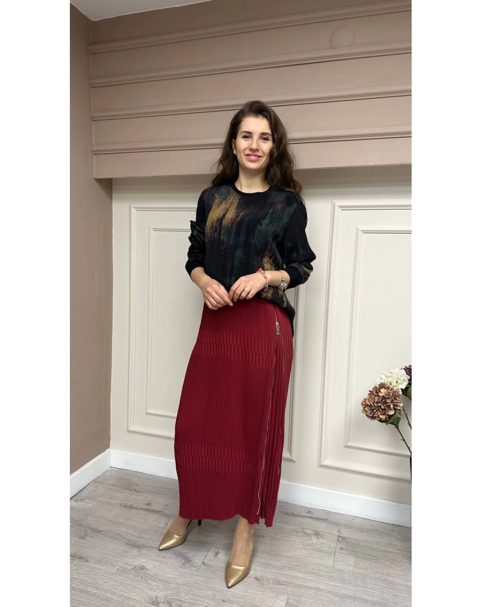 Misswhence 33902 Bordo Fermuar Detaylı Pilise Etek