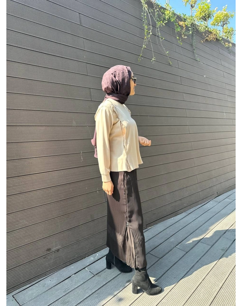 Misswhence 33902 Kahve Fermuar Detaylı Pilise Etek