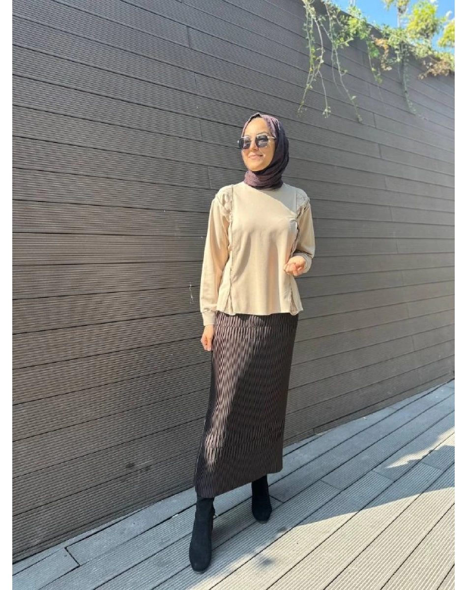 Misswhence 33902 Kahve Fermuar Detaylı Pilise Etek