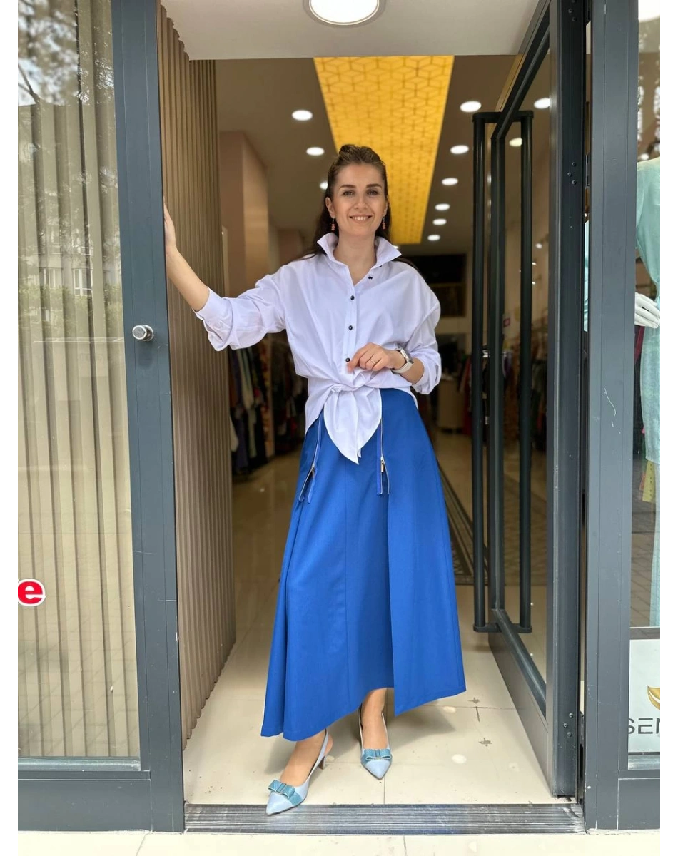 Misswhence 33905 Önü Fermuar Detaylı Saks Etek