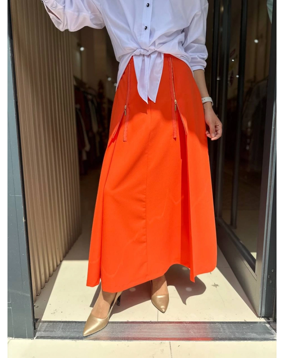 Misswhence 33905 Önü Fermuar Detaylı Turuncu Etek