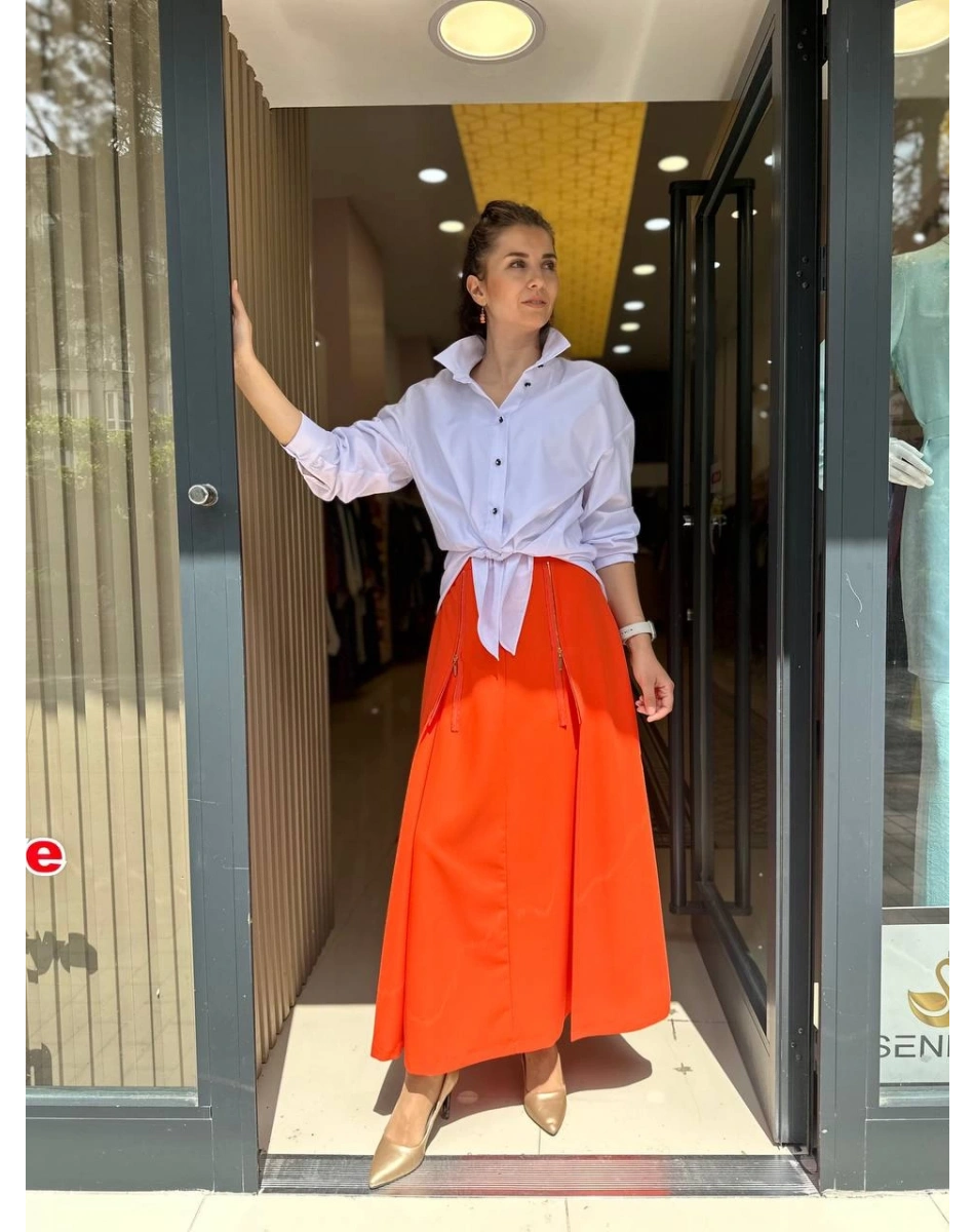 Misswhence 33905 Önü Fermuar Detaylı Turuncu Etek