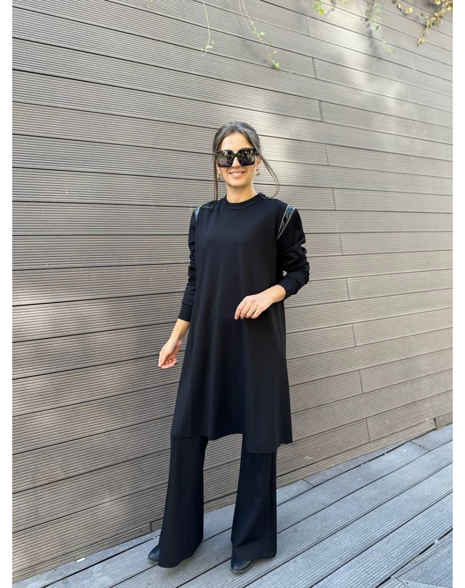 Misswhence 34012 Siyah Omzu Fermuarlı Uzun Tunik