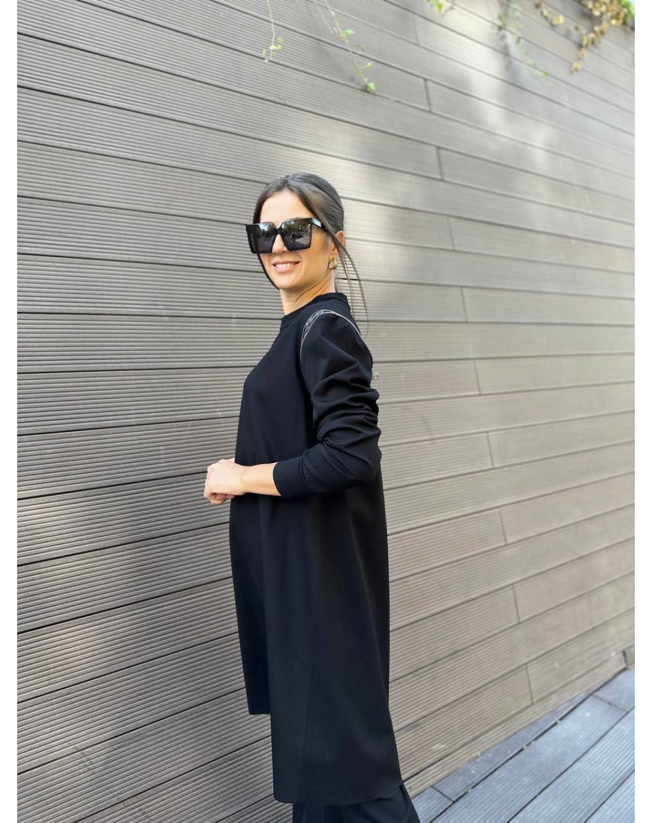 Misswhence 34012 Siyah Omzu Fermuarlı Uzun Tunik