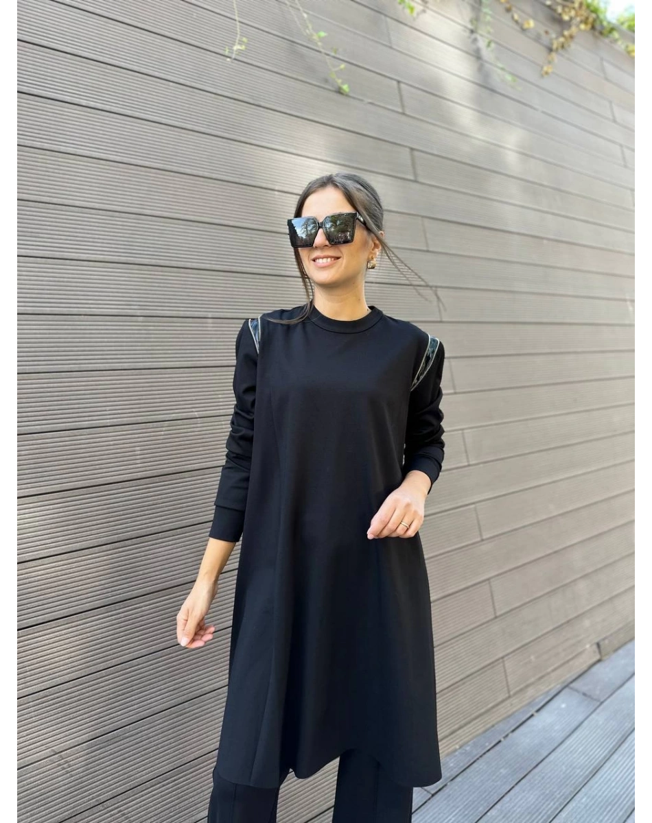Misswhence 34012 Siyah Omzu Fermuarlı Uzun Tunik