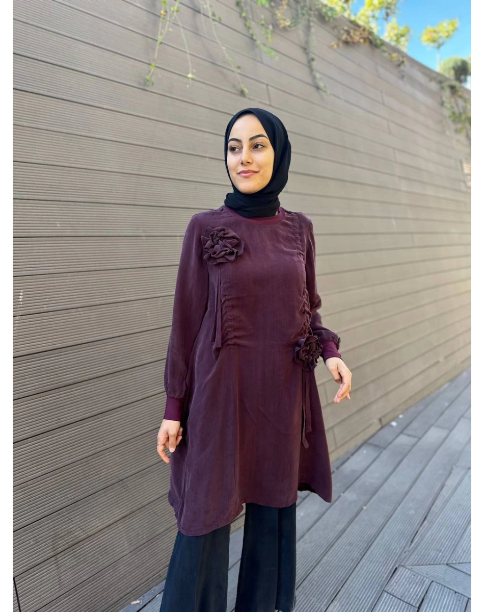 Misswhence 34026 Bordo Gül Detaylı İpek Tunik