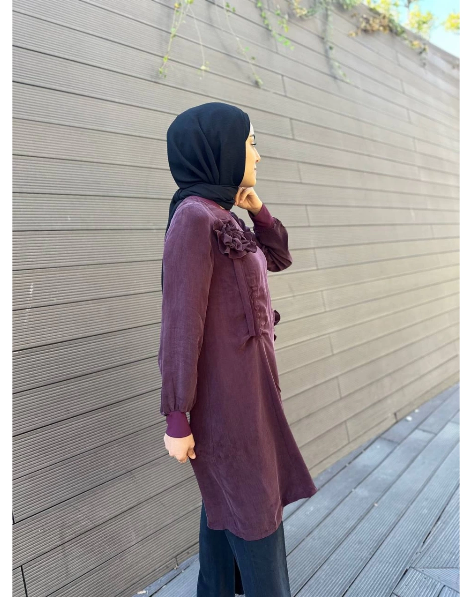 Misswhence 34026 Bordo Gül Detaylı İpek Tunik