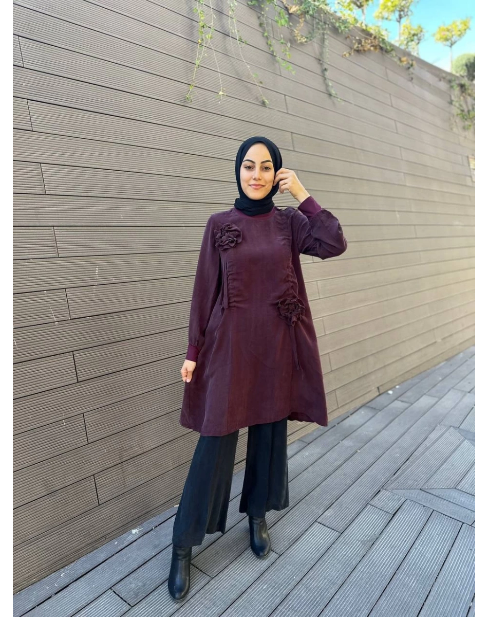 Misswhence 34026 Bordo Gül Detaylı İpek Tunik
