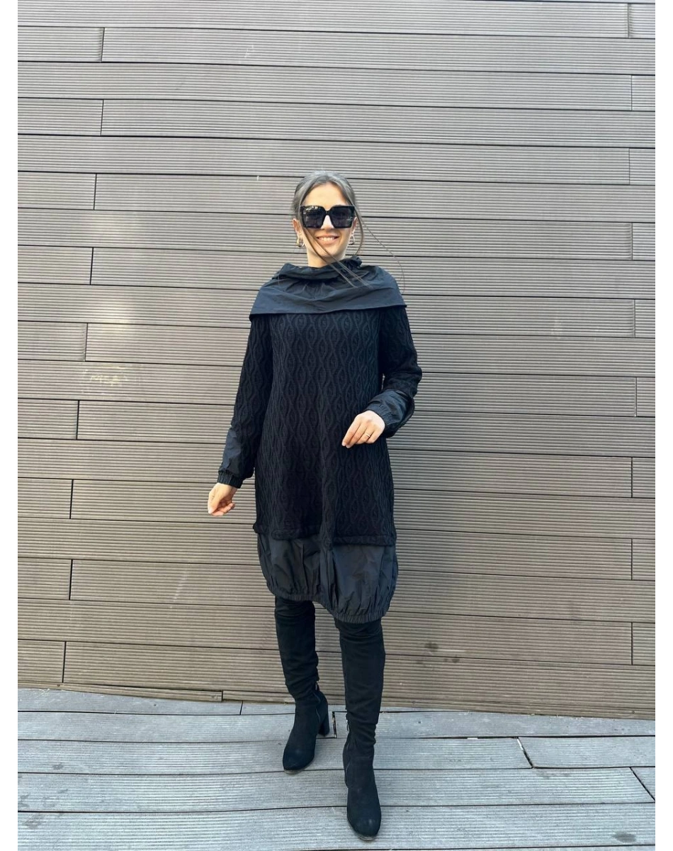 Misswhence 34032 Siyah Paraşüt Kumaş Detaylı Triko Tunik