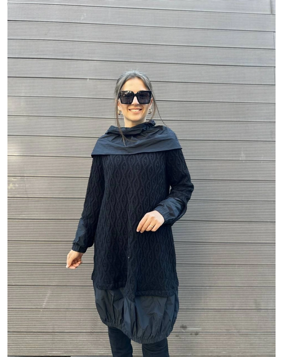 Misswhence 34032 Siyah Paraşüt Kumaş Detaylı Triko Tunik