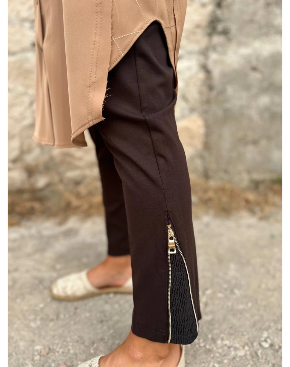 Misswhence 34101 Kahverengi Fermuar Yırtmaç Detaylı Pantolon