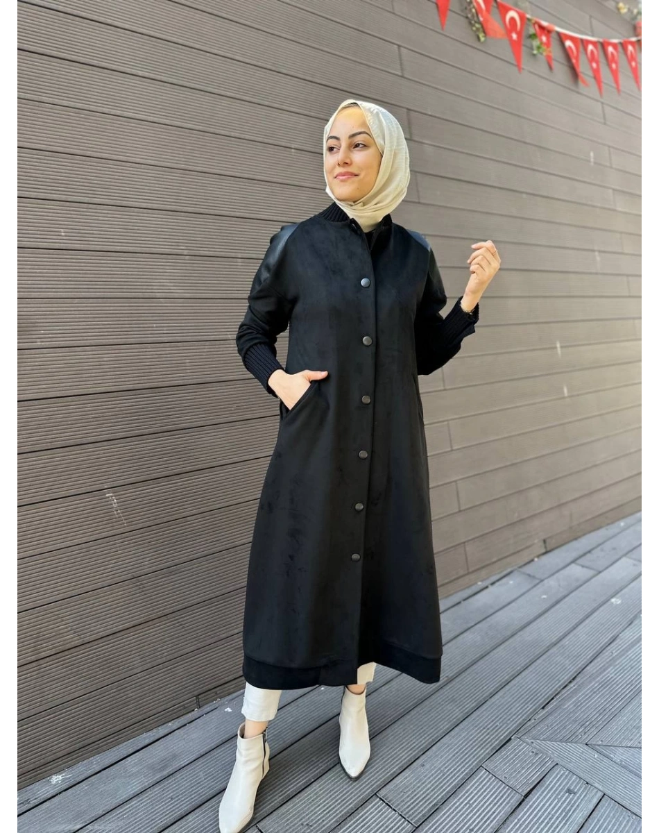 Misswhence 34514 Siyah Deri Detaylı Süet Kap