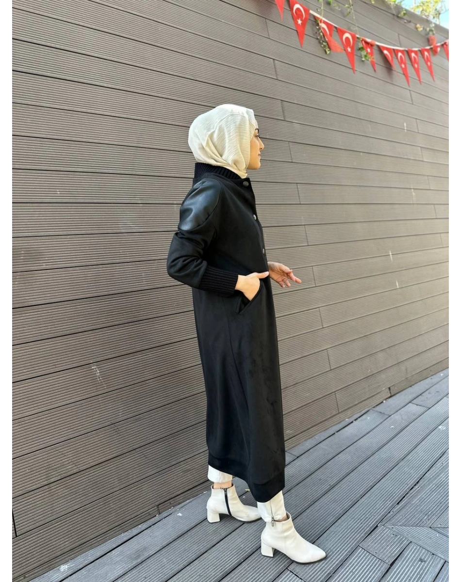 Misswhence 34514 Siyah Deri Detaylı Süet Kap