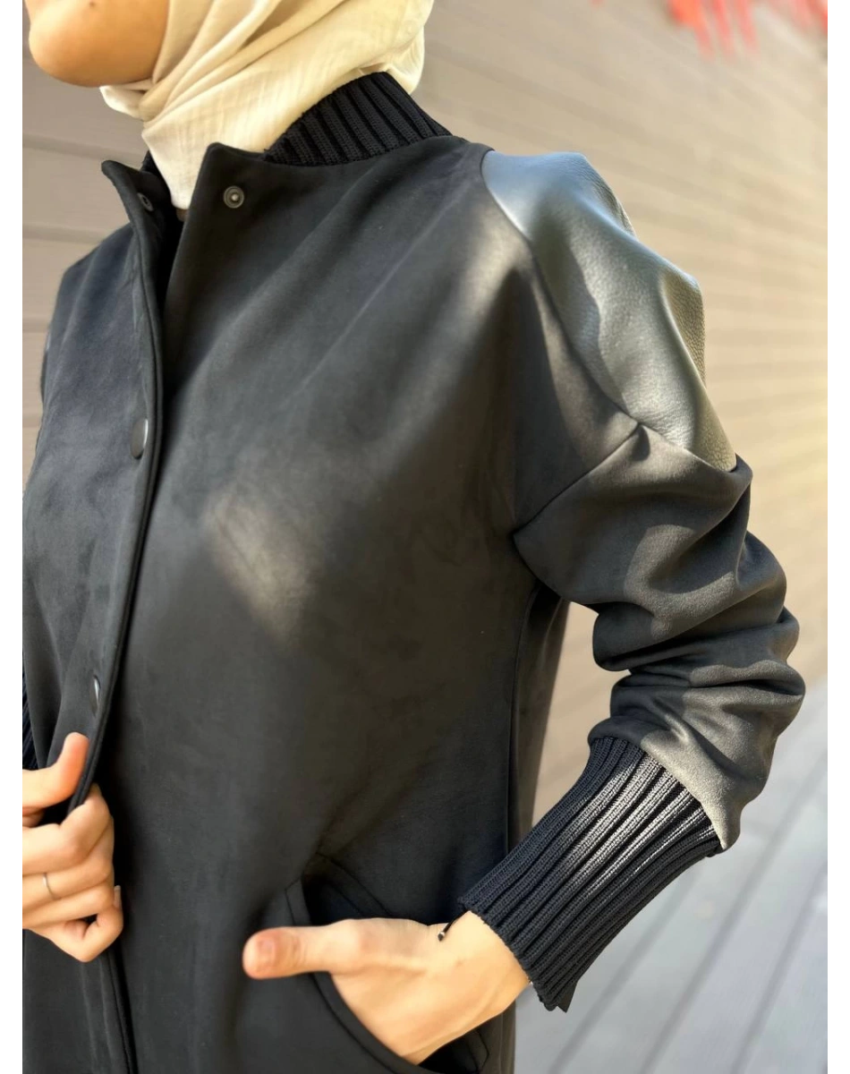 Misswhence 34514 Siyah Deri Detaylı Süet Kap