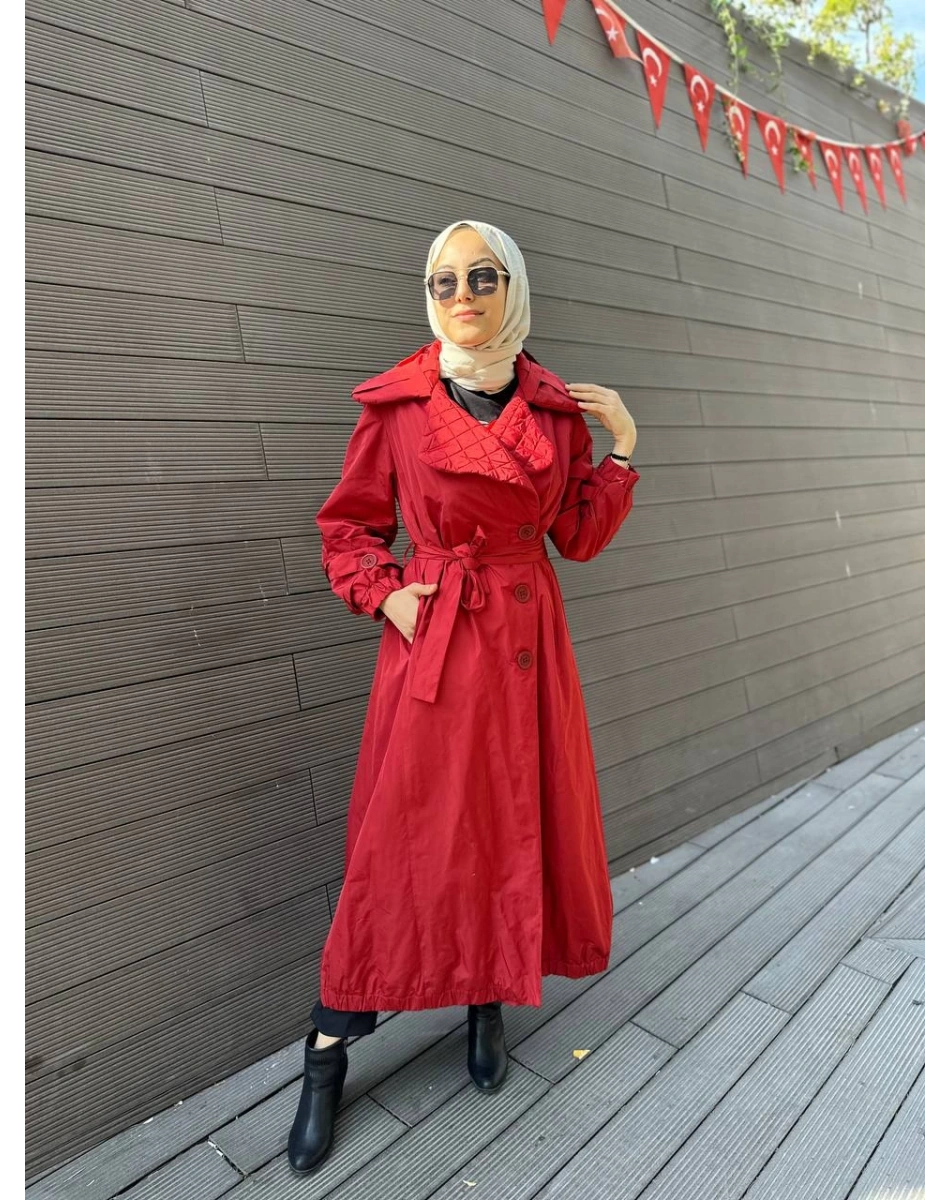 Misswhence 34515 Bordo Yakası Kapitone Trençkot