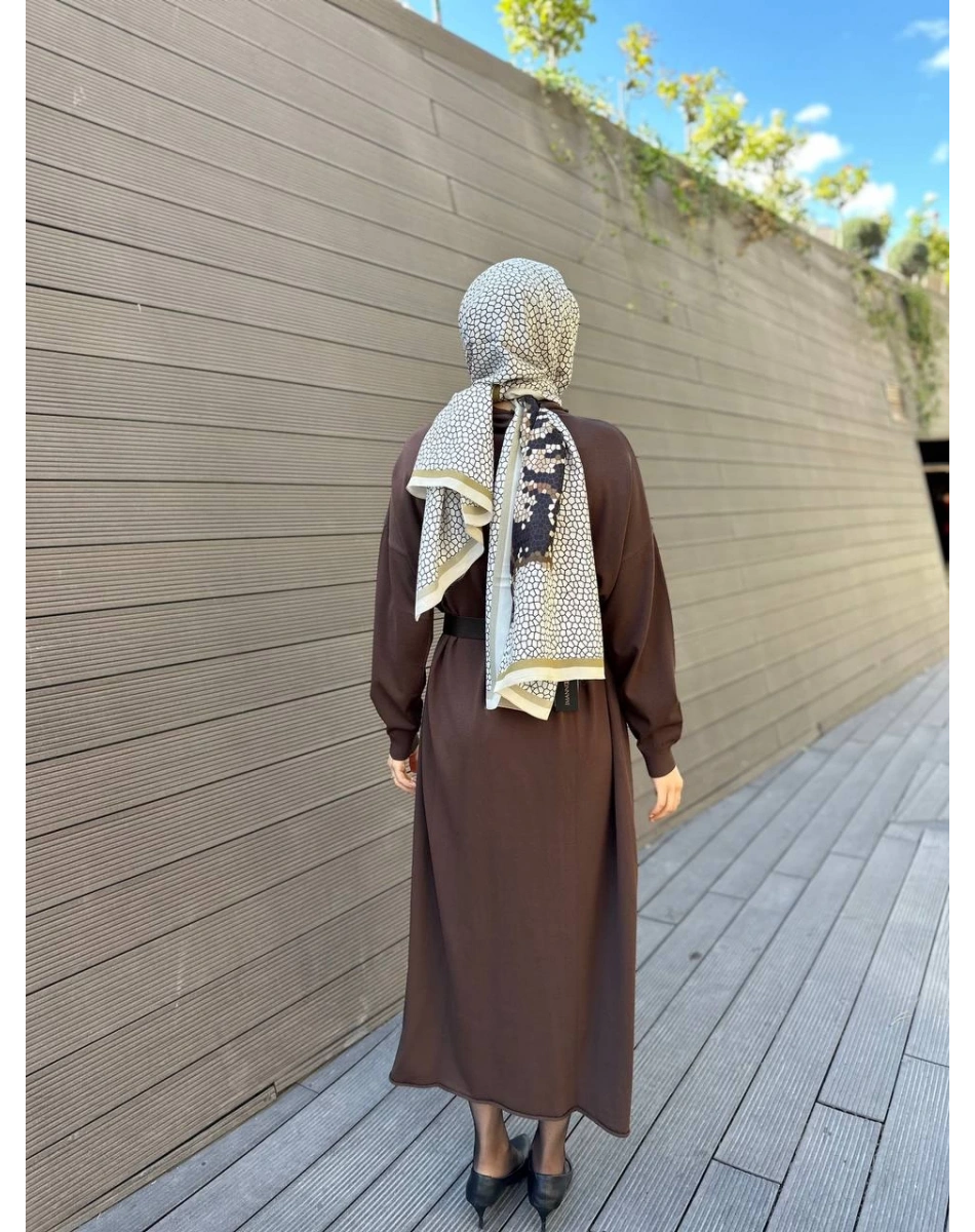 Misswhence 34801 Kahverengi Kemerli Kafesli Elbise