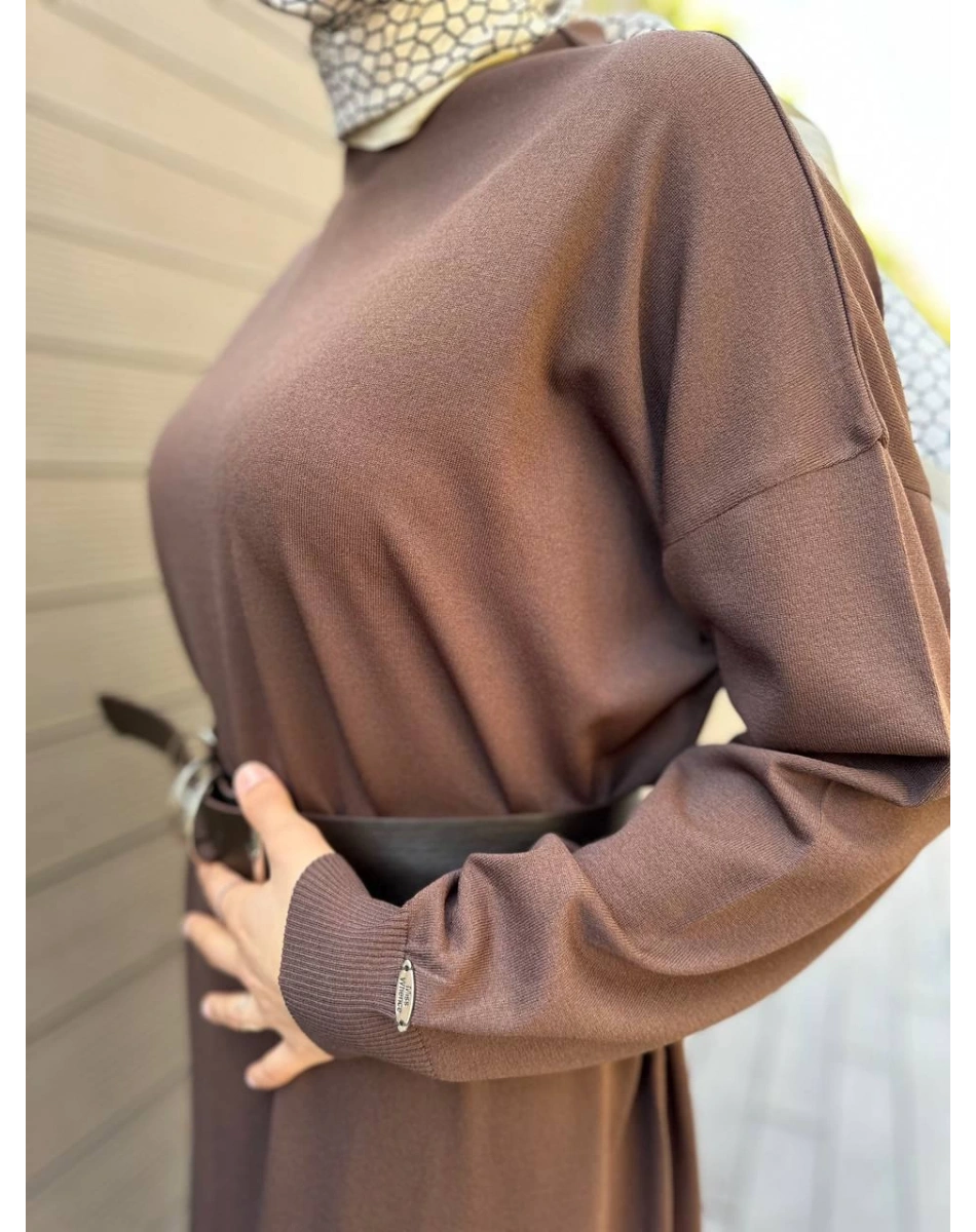 Misswhence 34801 Kahverengi Kemerli Kafesli Elbise