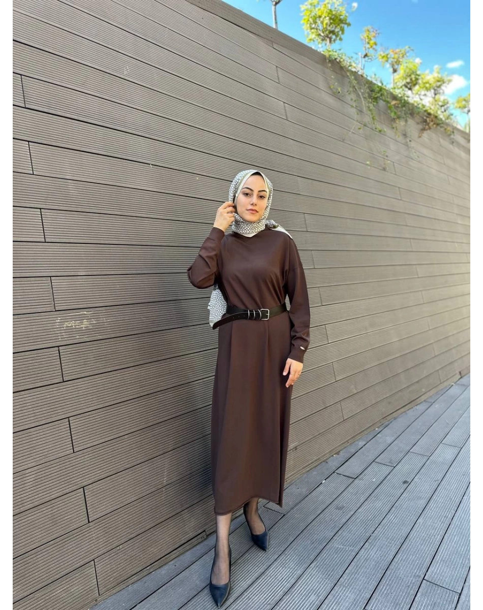 Misswhence 34801 Kahverengi Kemerli Kafesli Elbise