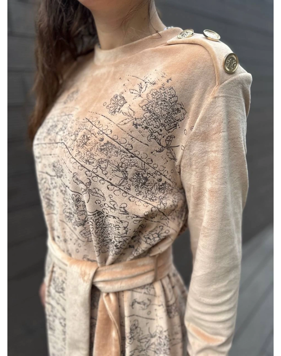 Misswhence 34805 Kayısı Etek Ucu Detaylı Kadife Elbise