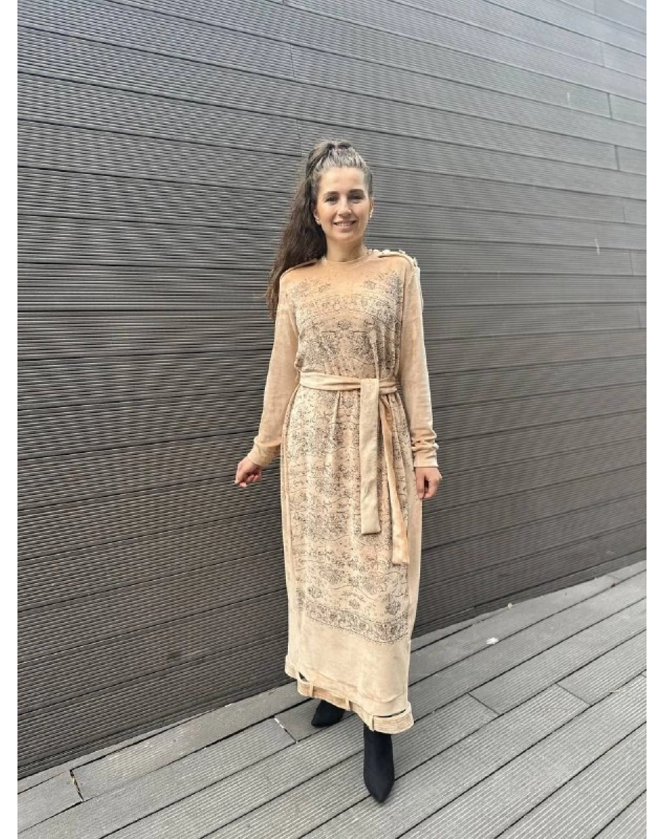 Misswhence 34805 Kayısı Etek Ucu Detaylı Kadife Elbise