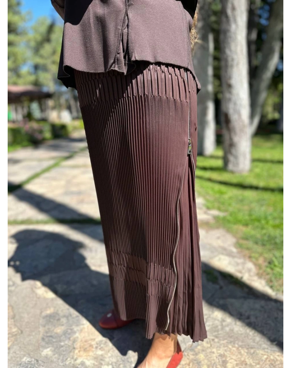 Misswhence 34903 Kahverengi Fermuar Detaylı Pilise Etek