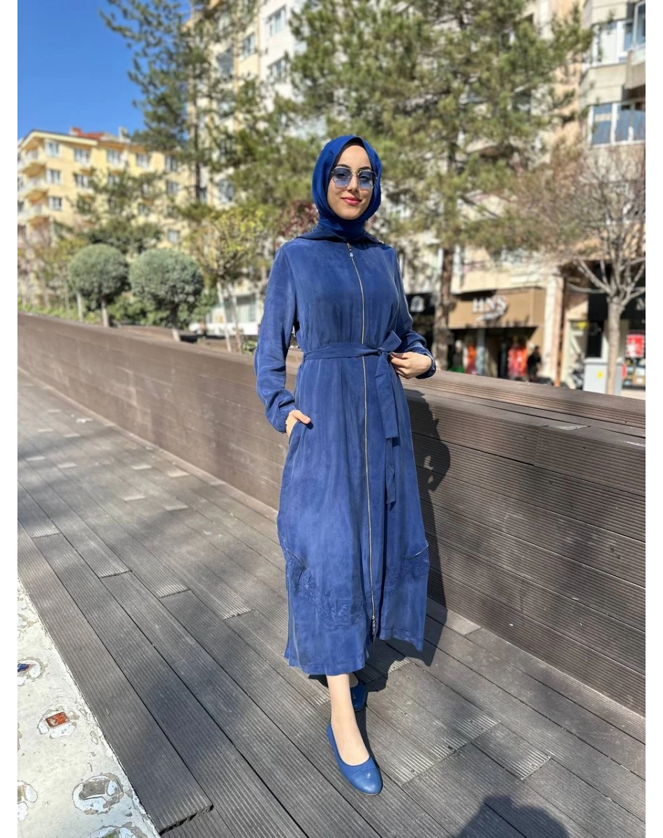Misswhence 35500 İndigo Fermuar Ve Desenli Ferace