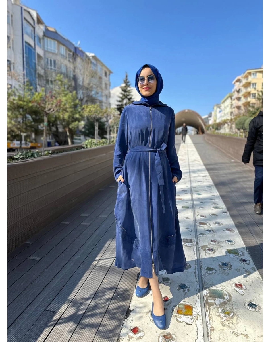 Misswhence 35500 İndigo Fermuar Ve Desenli Ferace