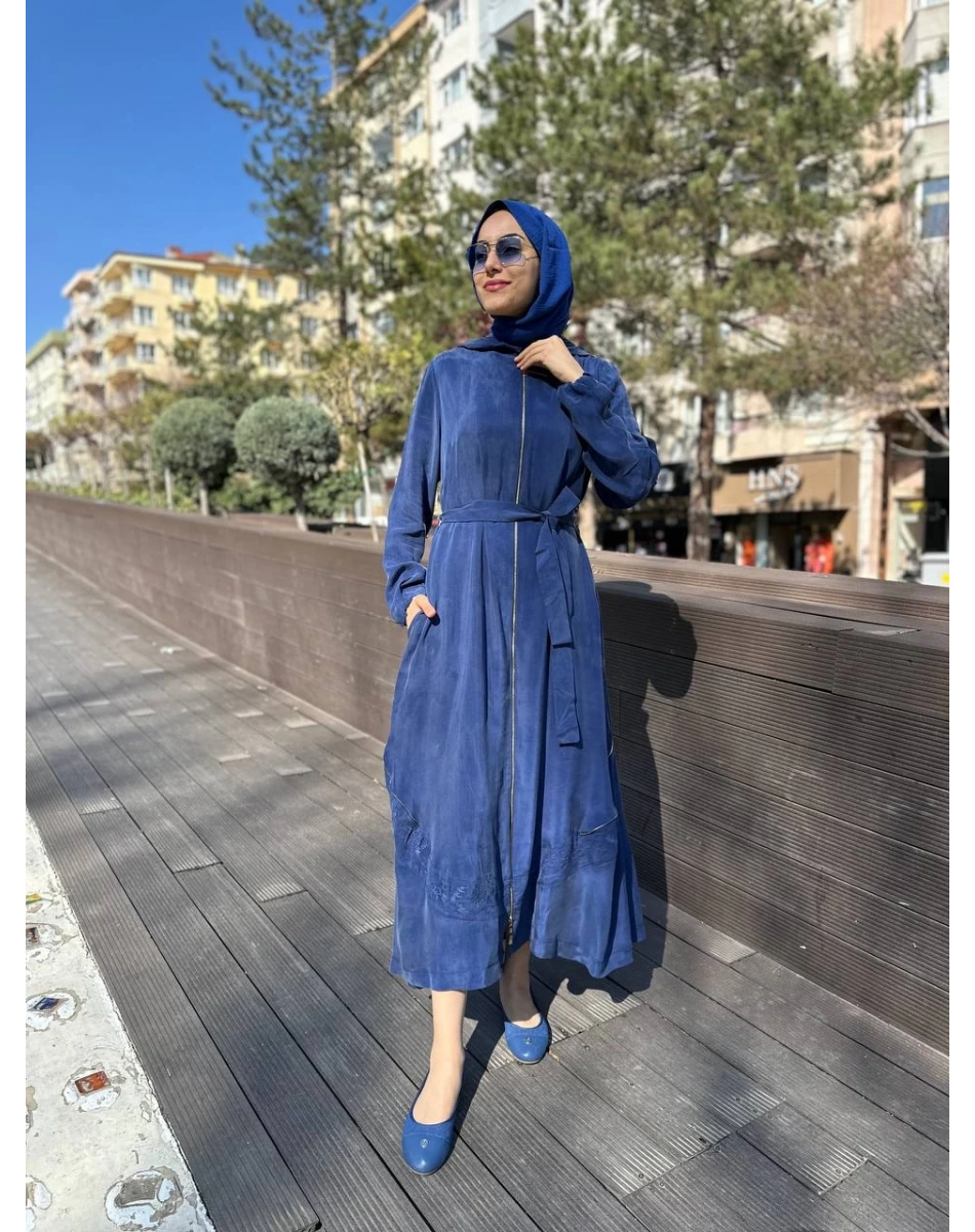 Misswhence 35500 İndigo Fermuar Ve Desenli Ferace