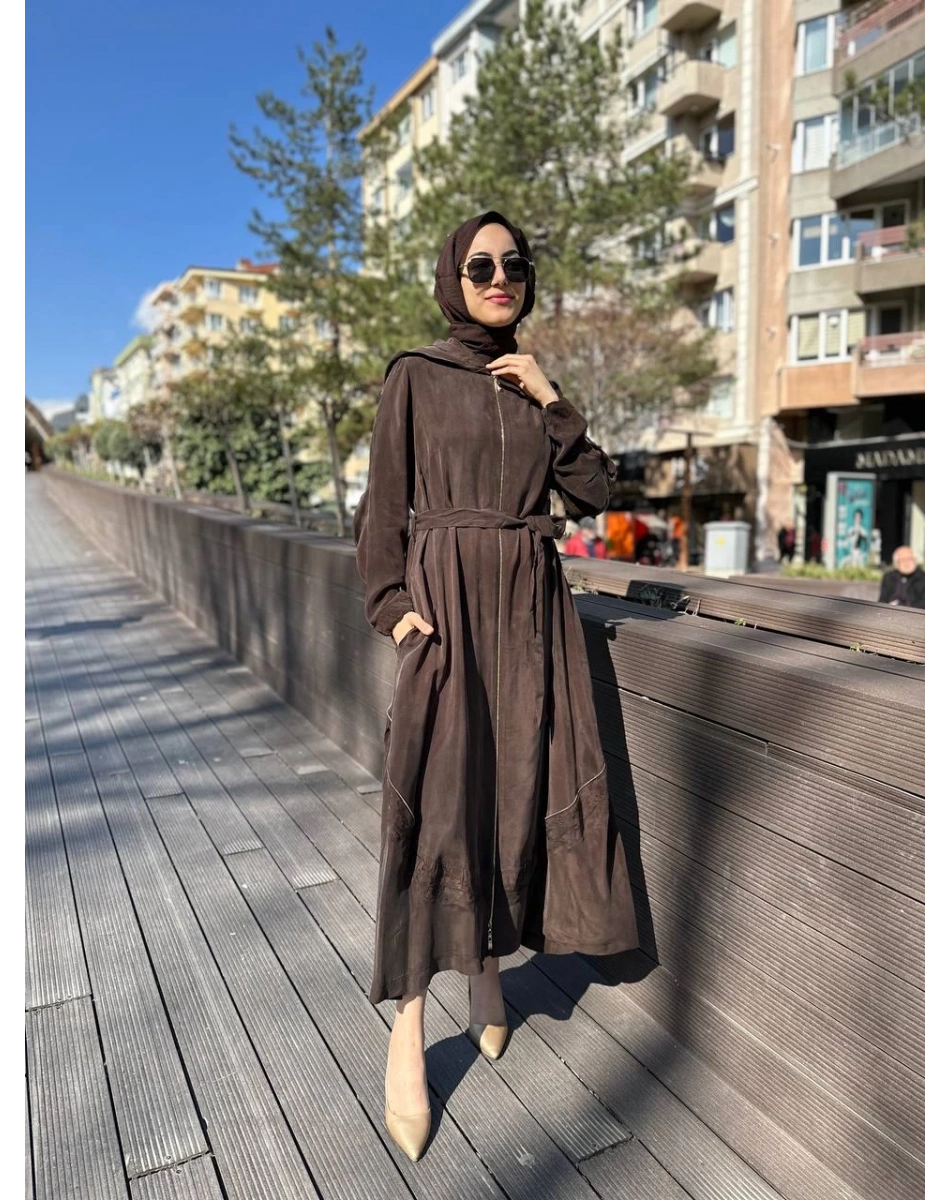 Misswhence 35500 Kahverengi Fermuar Ve Desenli Ferace