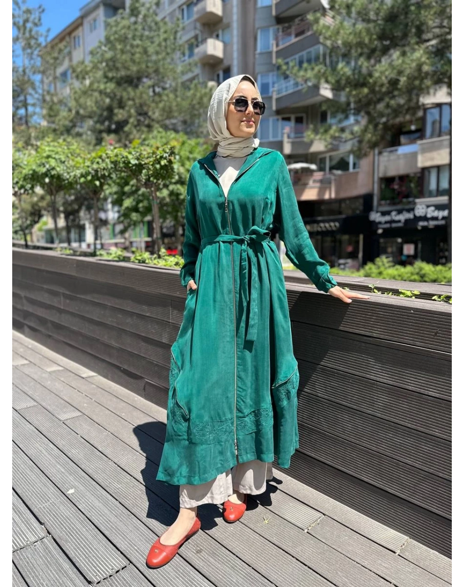 Misswhence 35500 Yeşil Fermuar Ve Desenli Ferace