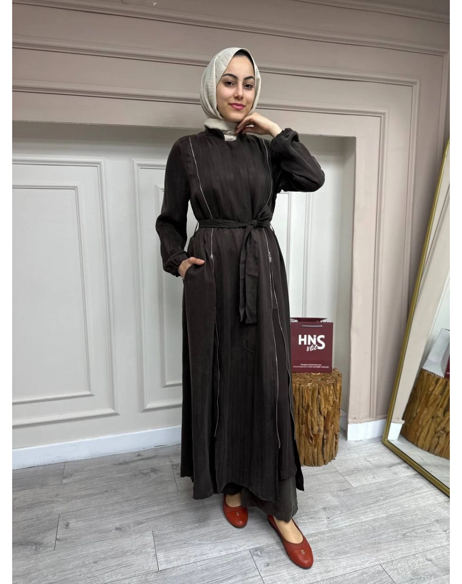 Misswhence 35505 Kahve Fermuar Arası Şifon Detaylı Kap