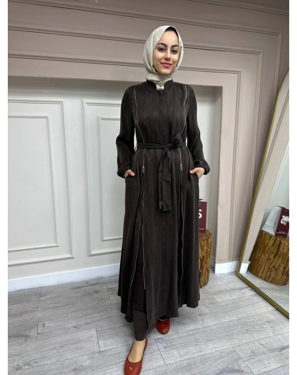 Misswhence 35505 Kahve Fermuar Arası Şifon Detaylı Kap