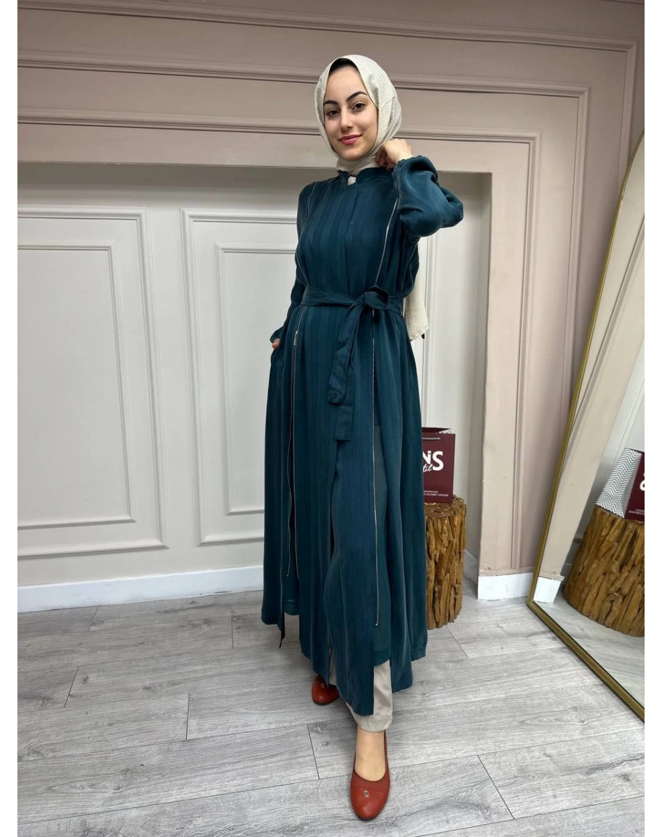 Misswhence 35505 Petrol Fermuar Arası Şifon Detaylı Kap