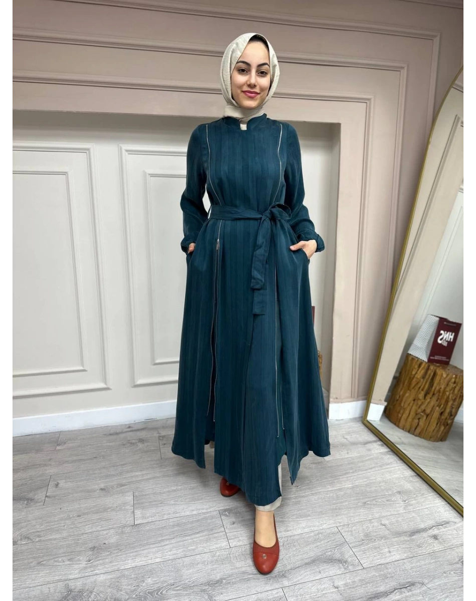 Misswhence 35505 Petrol Fermuar Arası Şifon Detaylı Kap