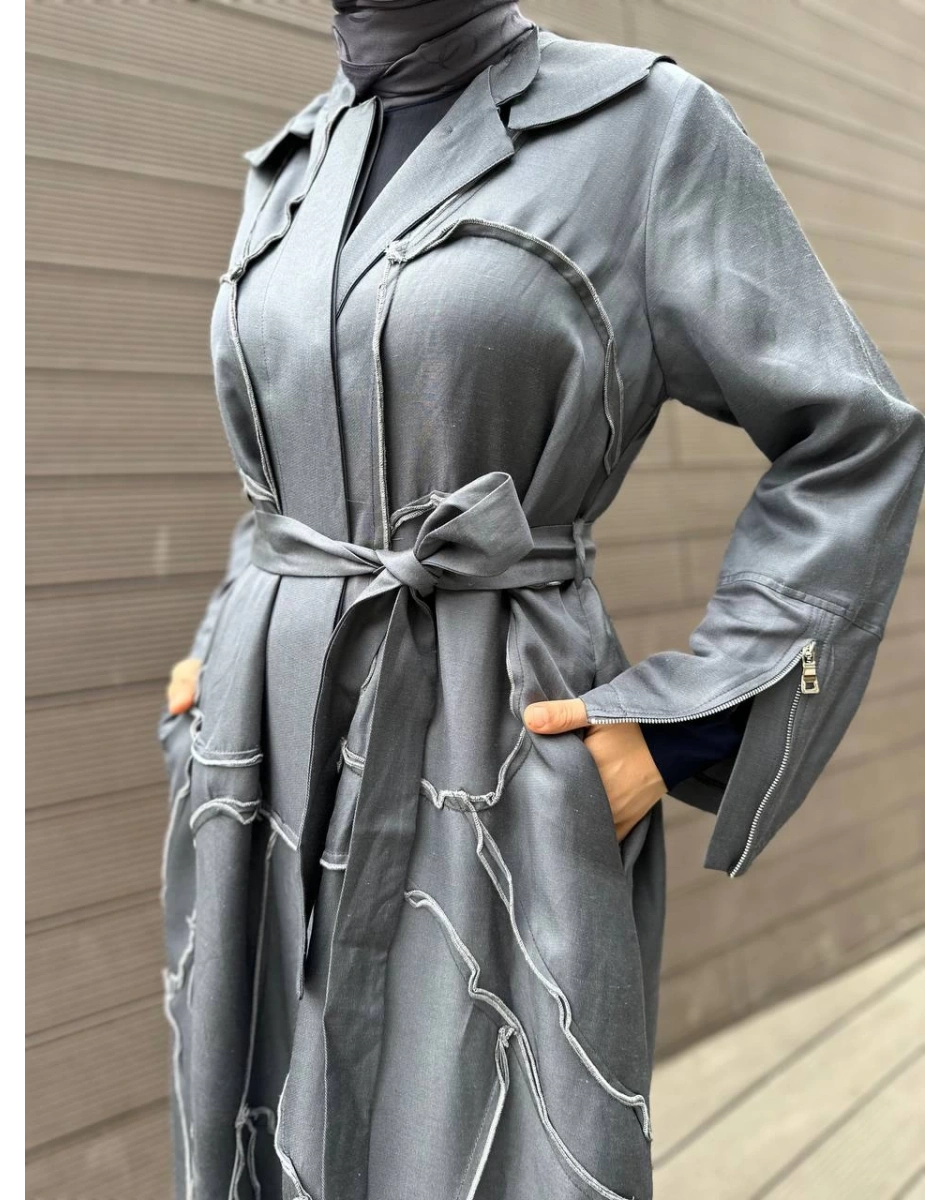 Misswhence 35507 Gri Ters Dikişli İpek Keten Kap