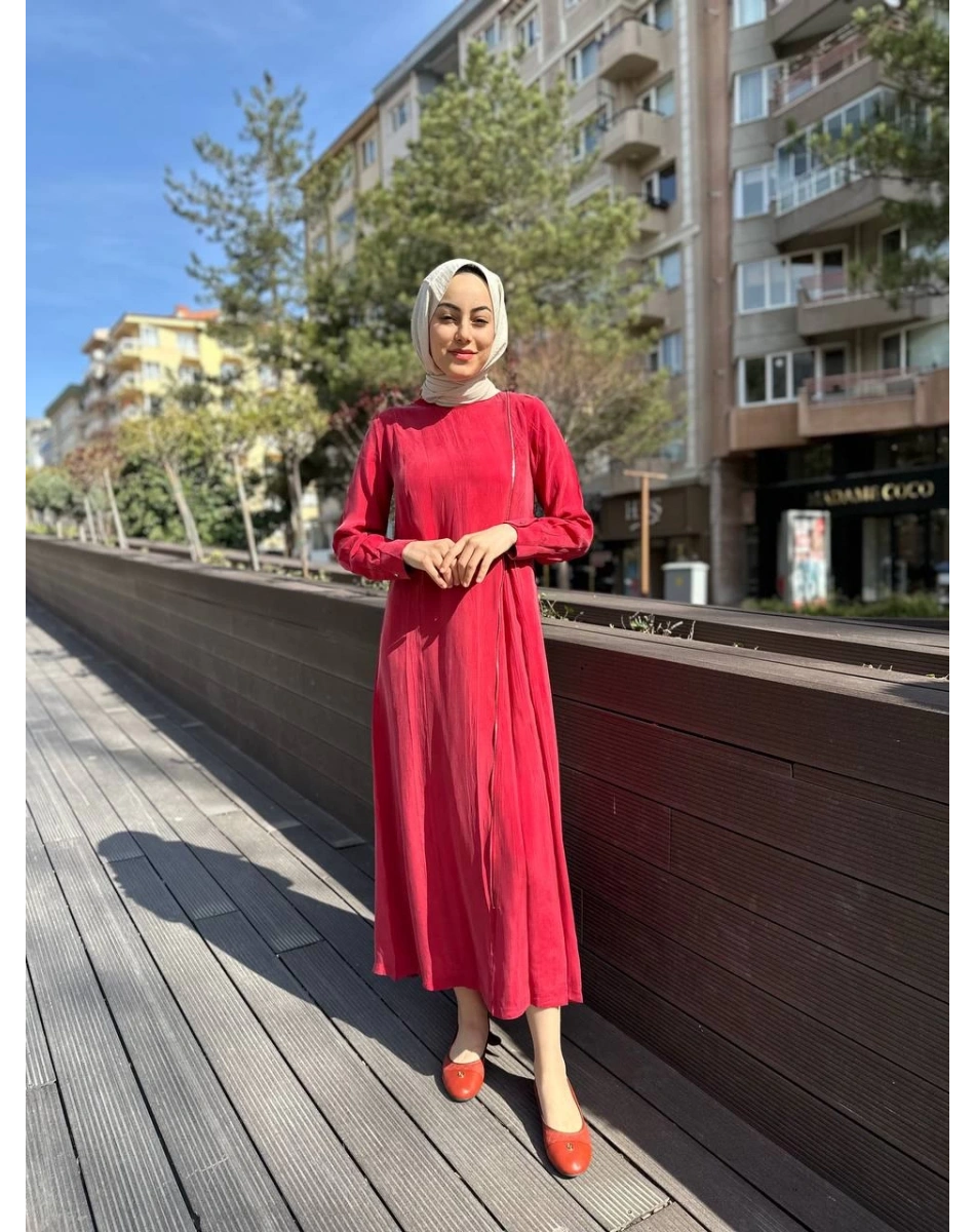 Misswhence 35800 Kırmızı Fermuar Detaylı İpek Elbise