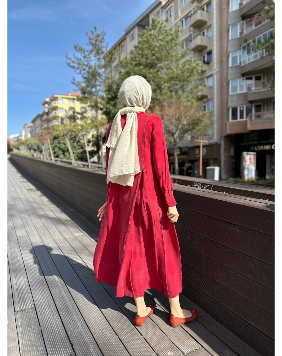 Misswhence 35800 Kırmızı Fermuar Detaylı İpek Elbise