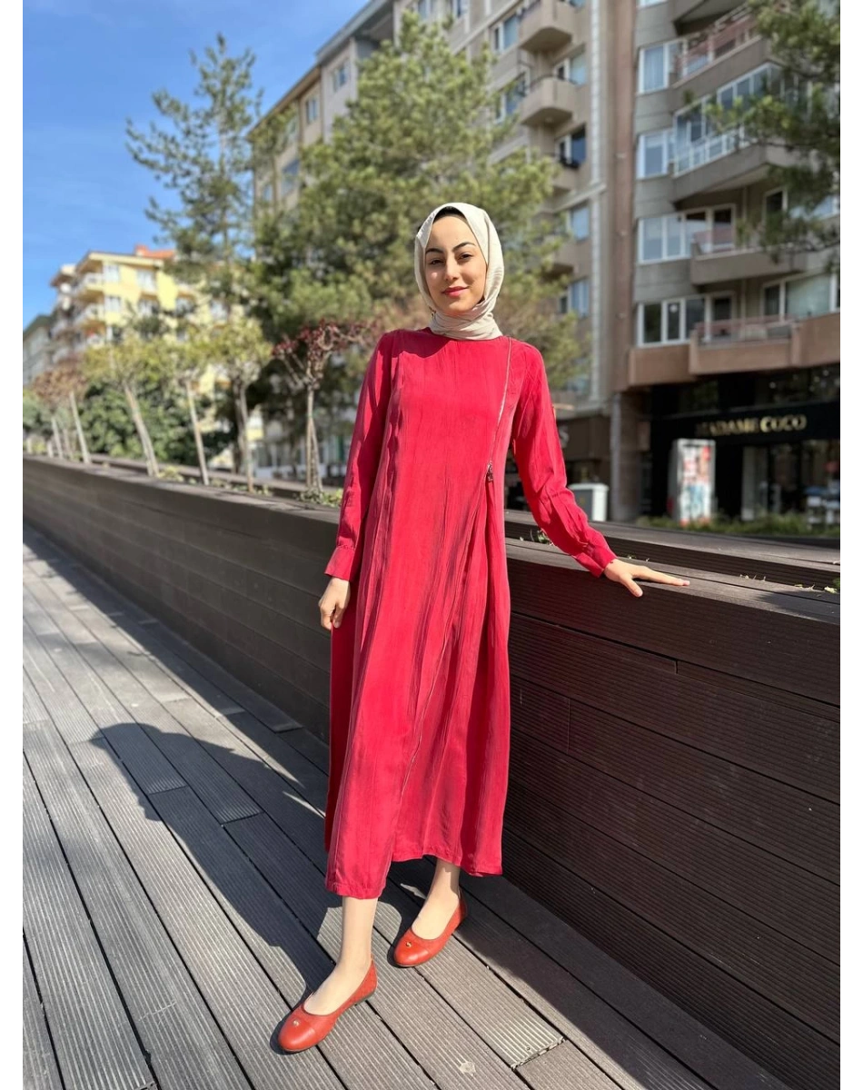 Misswhence 35800 Kırmızı Fermuar Detaylı İpek Elbise