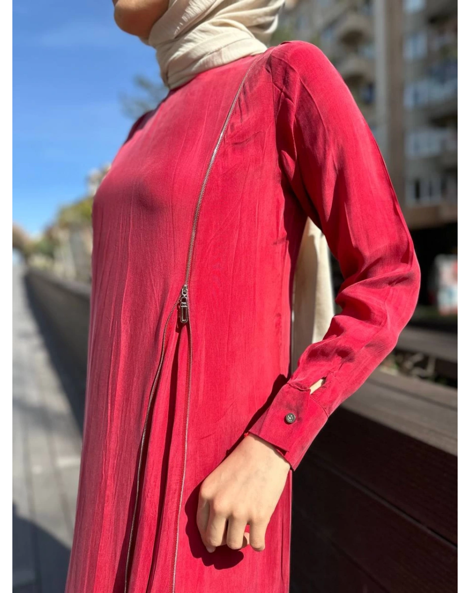 Misswhence 35800 Kırmızı Fermuar Detaylı İpek Elbise