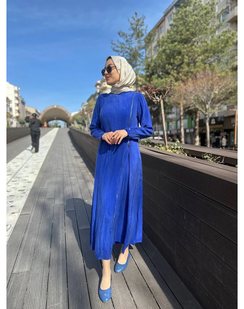 Misswhence 35800 Saks Fermuar Detaylı İpek Elbise