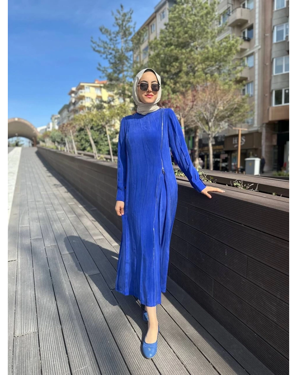 Misswhence 35800 Saks Fermuar Detaylı İpek Elbise