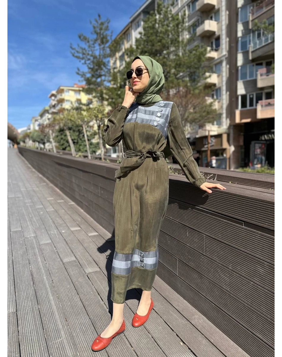 Misswhence 35802 Haki Şerit Detaylı İpek Elbise