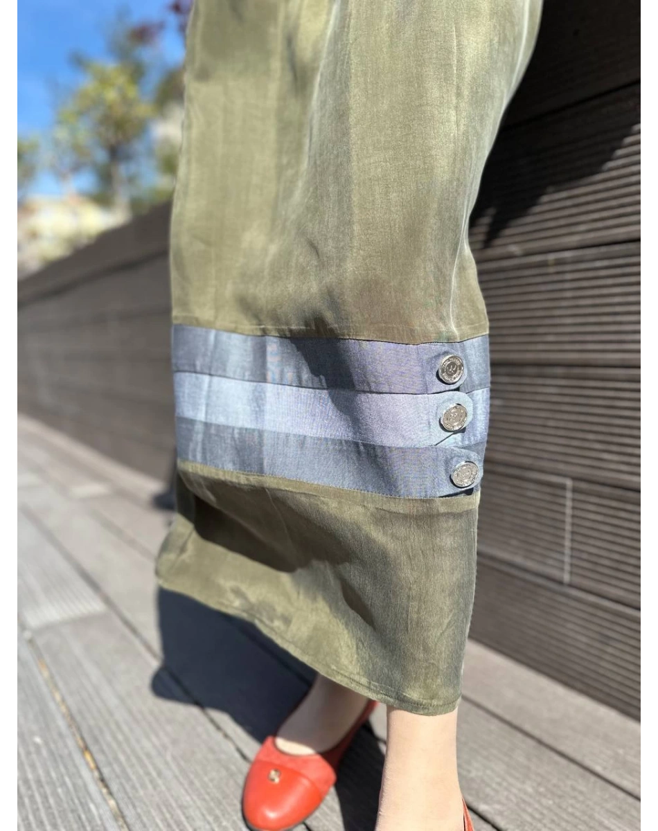 Misswhence 35802 Haki Şerit Detaylı İpek Elbise