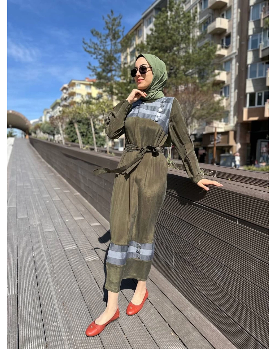 Misswhence 35802 Haki Şerit Detaylı İpek Elbise