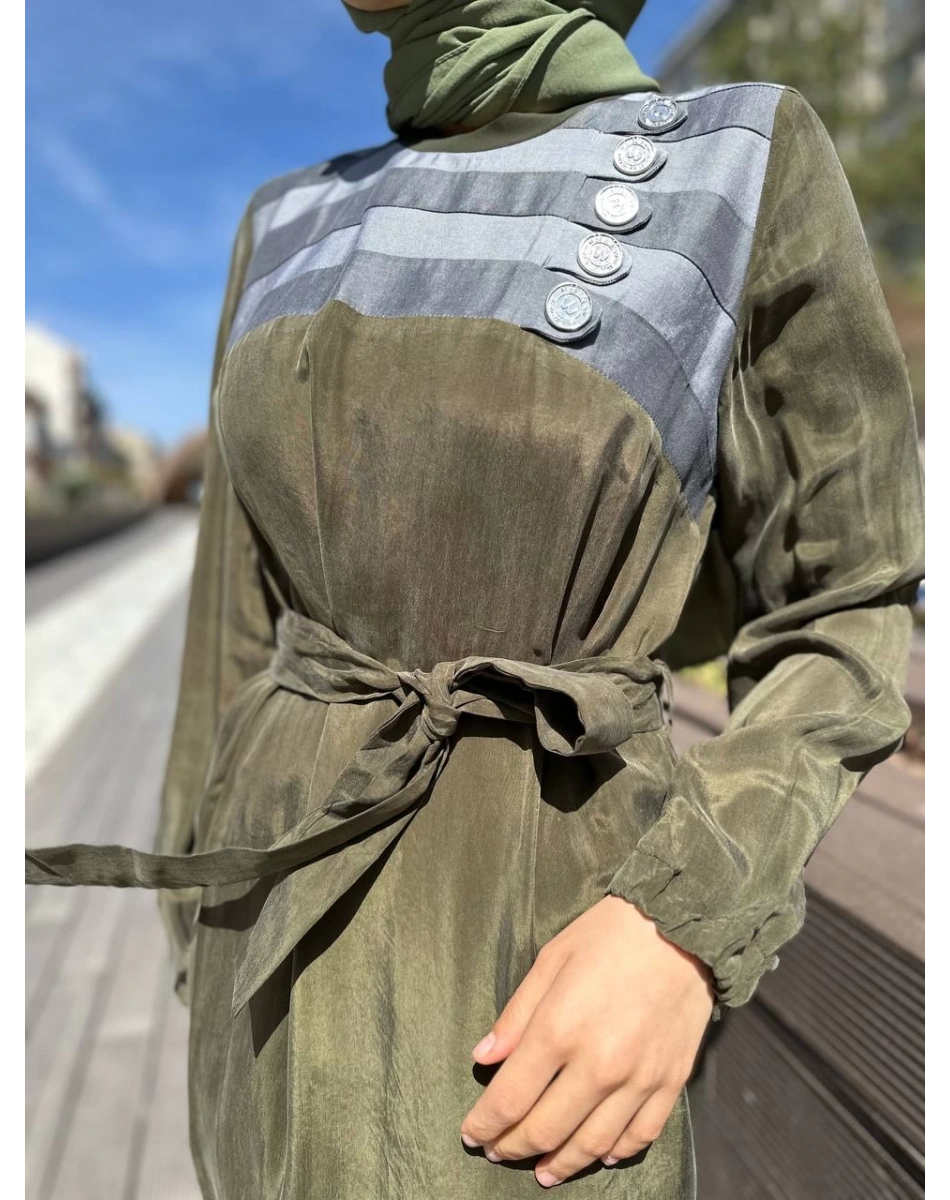 Misswhence 35802 Haki Şerit Detaylı İpek Elbise