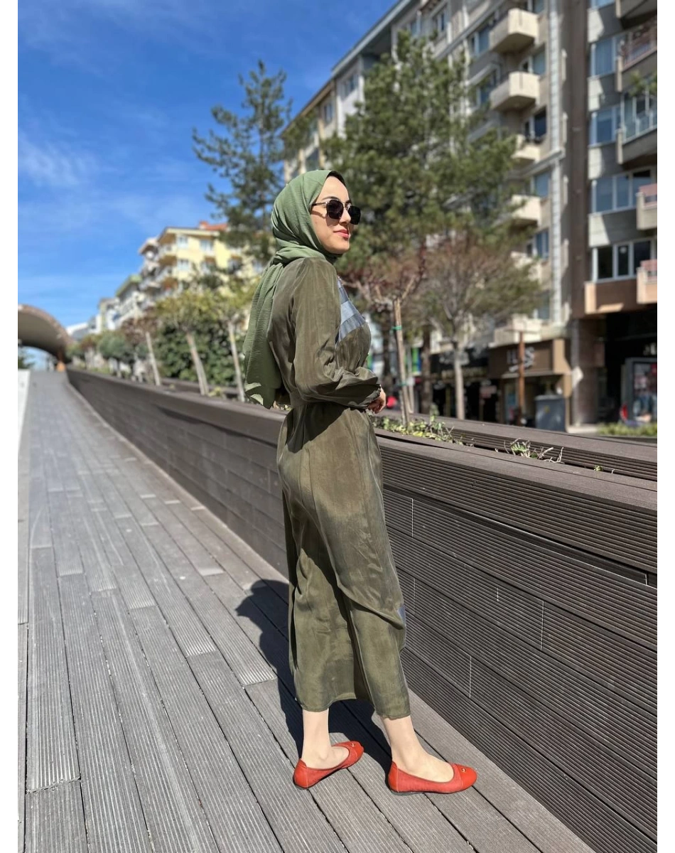 Misswhence 35802 Haki Şerit Detaylı İpek Elbise