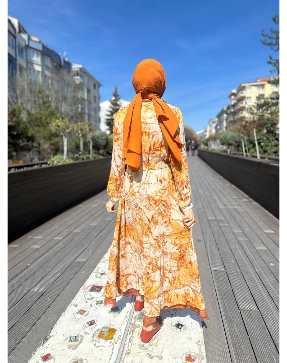 Misswhence 35808 Oranj Desenli Fularlı Elbise