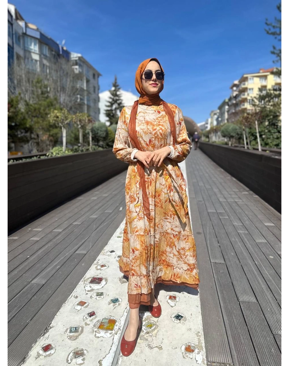 Misswhence 35808 Oranj Desenli Fularlı Elbise