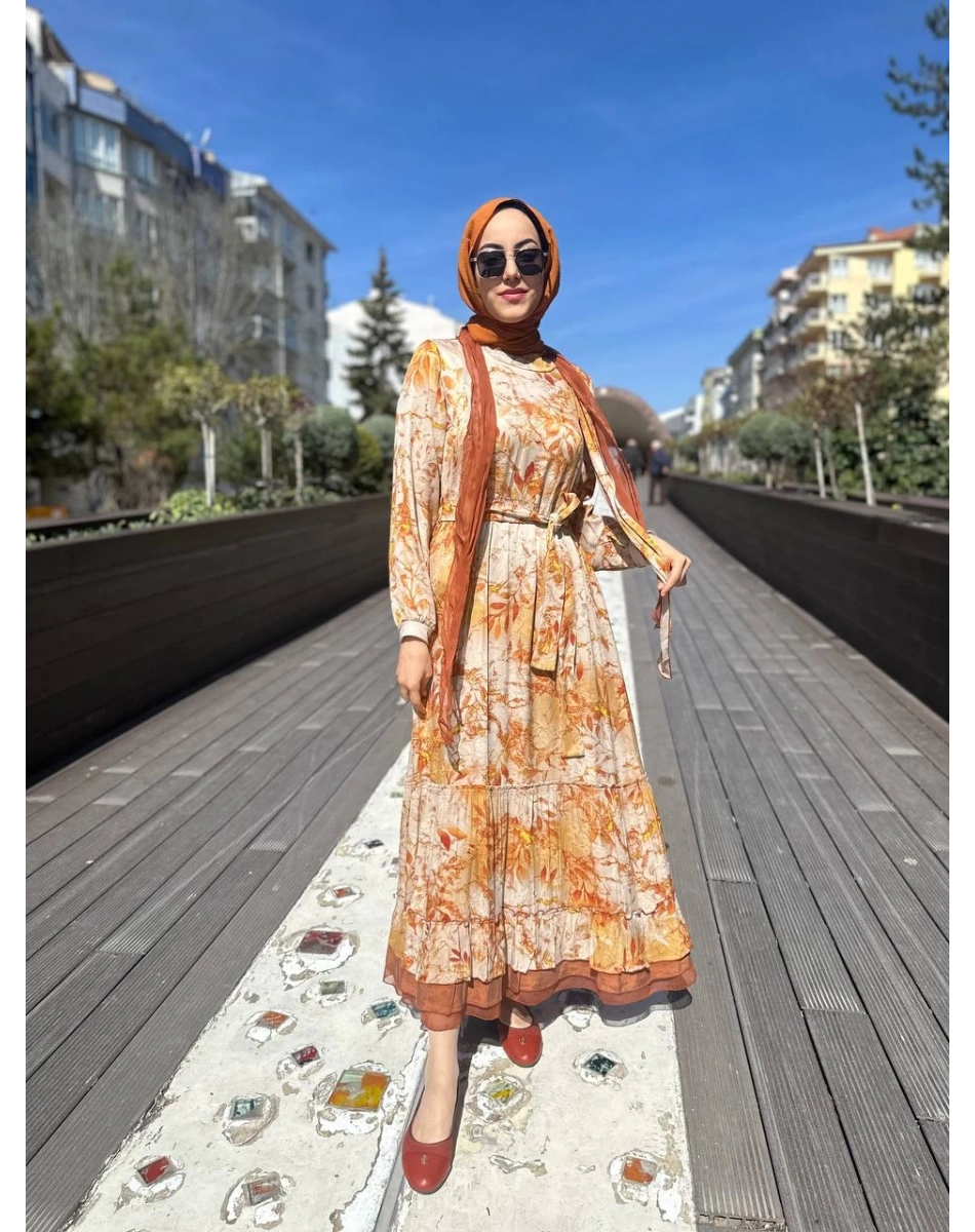 Misswhence 35808 Oranj Desenli Fularlı Elbise