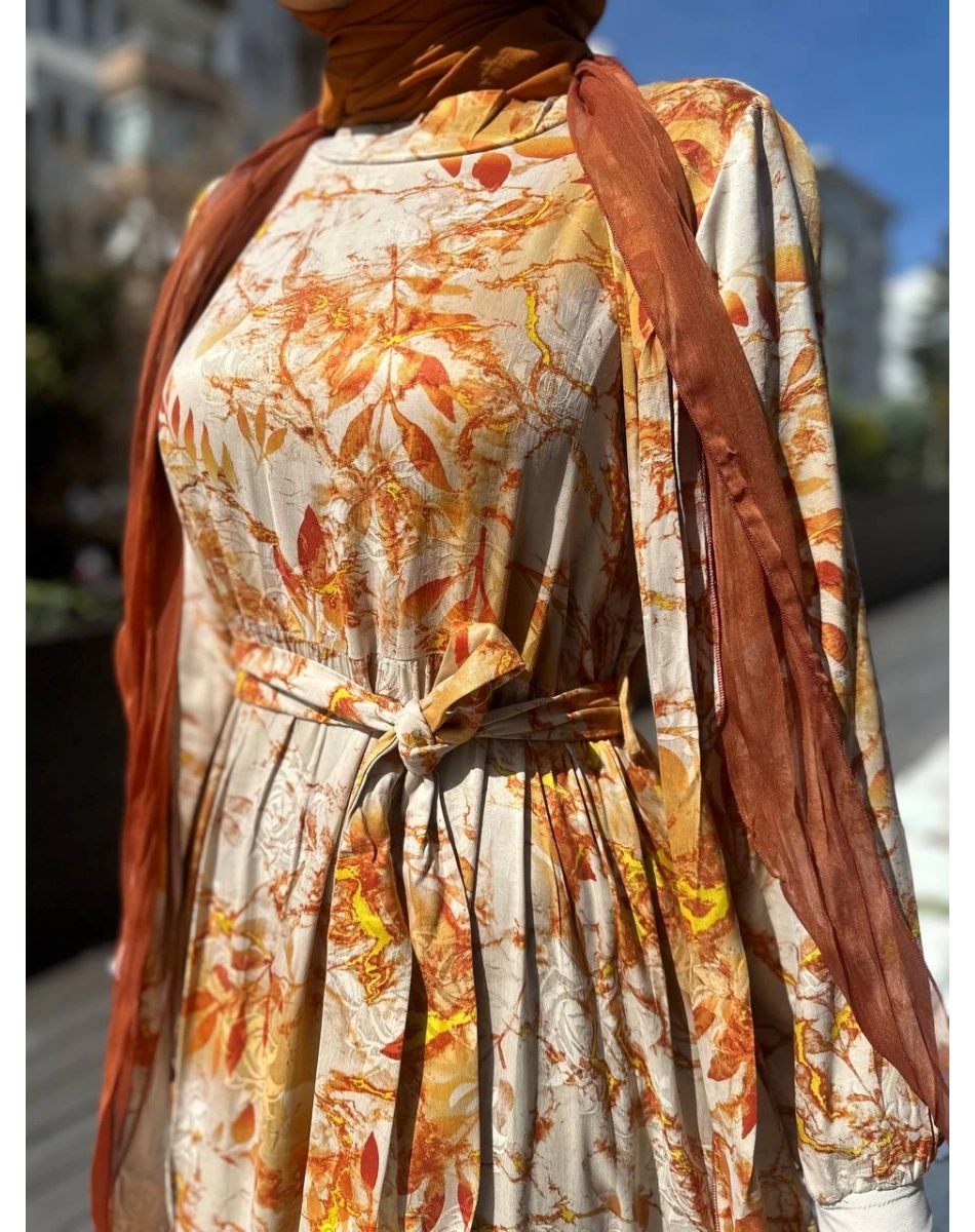 Misswhence 35808 Oranj Desenli Fularlı Elbise